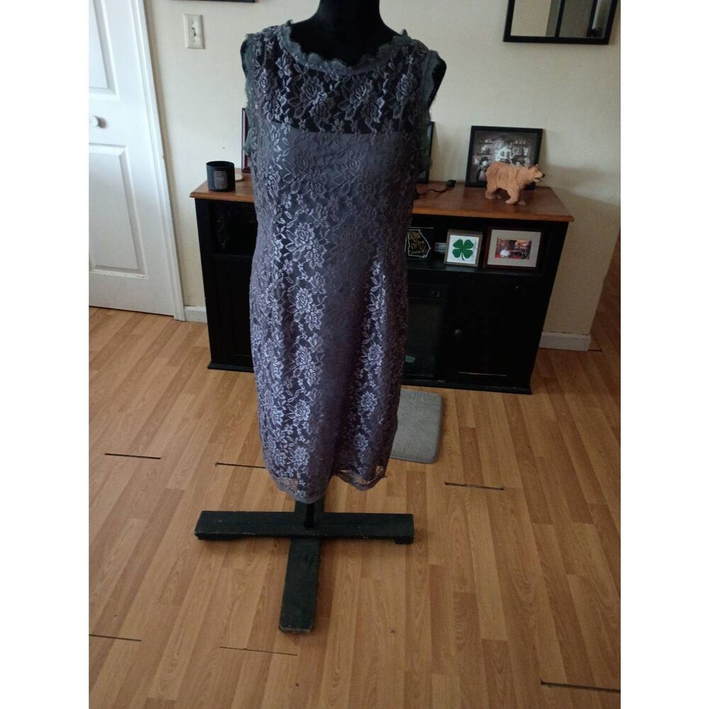Sz 16 Simply Liliana Grey Lace Over Spaghetti Strap Special Occasion Midi Dress